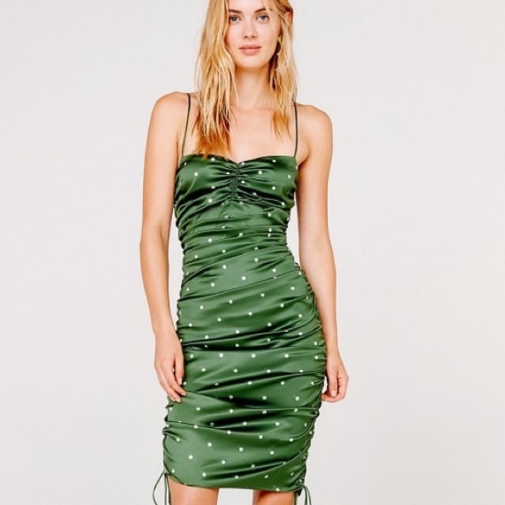 Green Ruched Spaghetti Strap Bodycon Midi Dress